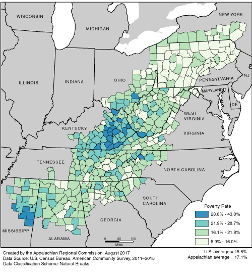 This map shows the poverty rate in each of the ARC counties. Appalachian poverty rates range from 6.9% to 43.0%. The Appalachian average is 17.1%. The U.S. average is 15.5%. For a list of county data by state, see the downloadable Excel file.
