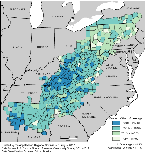 This map shows the poverty rate in each of the ARC counties, as a percentage of the U.S. average. The Appalachian rates range from 44.8% to 277.8% of the U.S. average. The U.S. average is 15.5%. The Appalachian average is 17.1%. For a list of county data by state, see the downloadable Excel file.