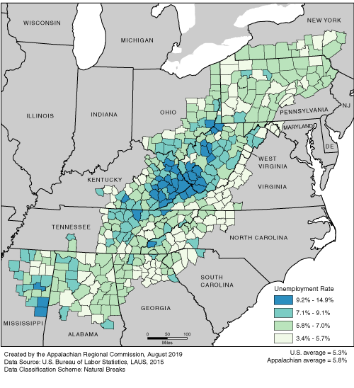 This map shows the unemployment rate in each of the ARC counties. Appalachian unemployment rates range from 3.4% to 14.9%. The Appalachian average is 5.8%. The U.S. average is 5.3%. For a list of county data by state, see the downloadable Excel file.