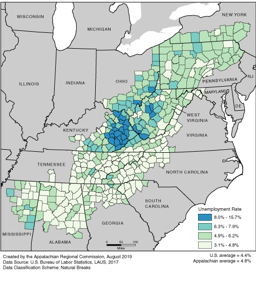 This map shows the unemployment rate in each of the ARC counties. Appalachian unemployment rates range from 3.1% to 15.7%. The Appalachian average is 4.8%. The U.S. average is 4.4%. For a list of county data by state, see the downloadable Excel file.