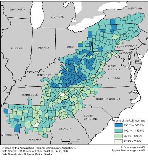This map shows the unemployment rate in each of the ARC counties, as a percentage of the U.S. average. The Appalachian rates range from 72.3 to 360.7% of the U.S. average. The U.S. average is 4.4%. The Appalachian average is 4.8%. For a list of county data by state, see the downloadable Excel file.