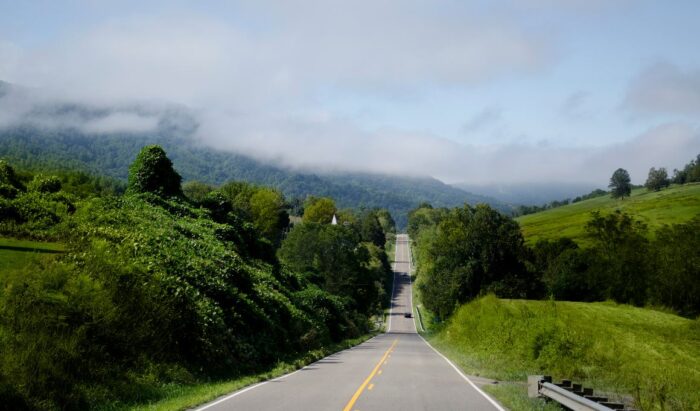 Two-lane road running through mountains